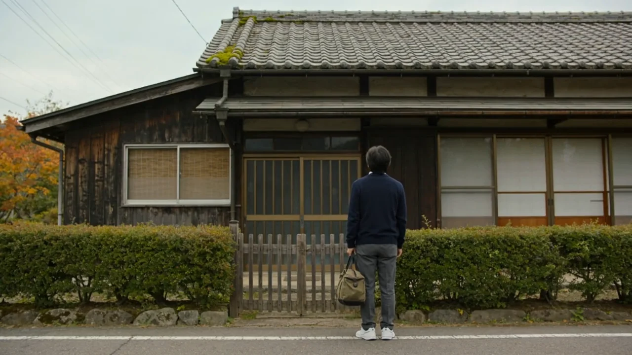 実家の前に立つ男性の後ろ姿