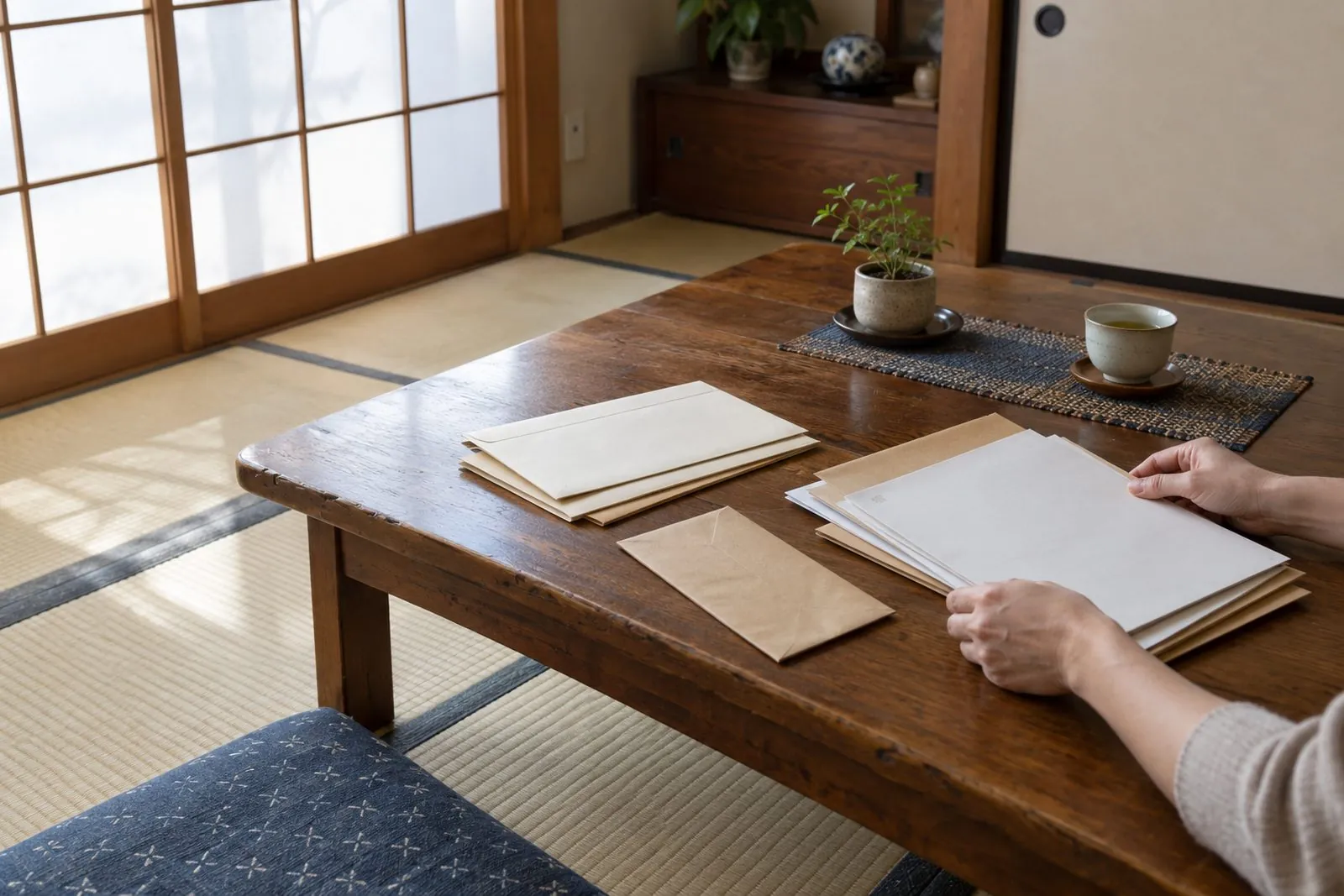 座卓の上の封筒と書類を整える手元