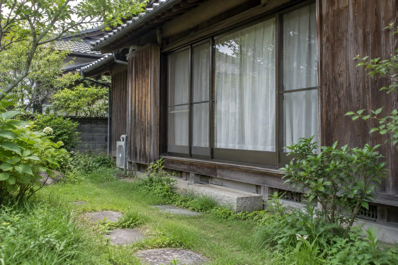 伸びた草と古い外壁の家
